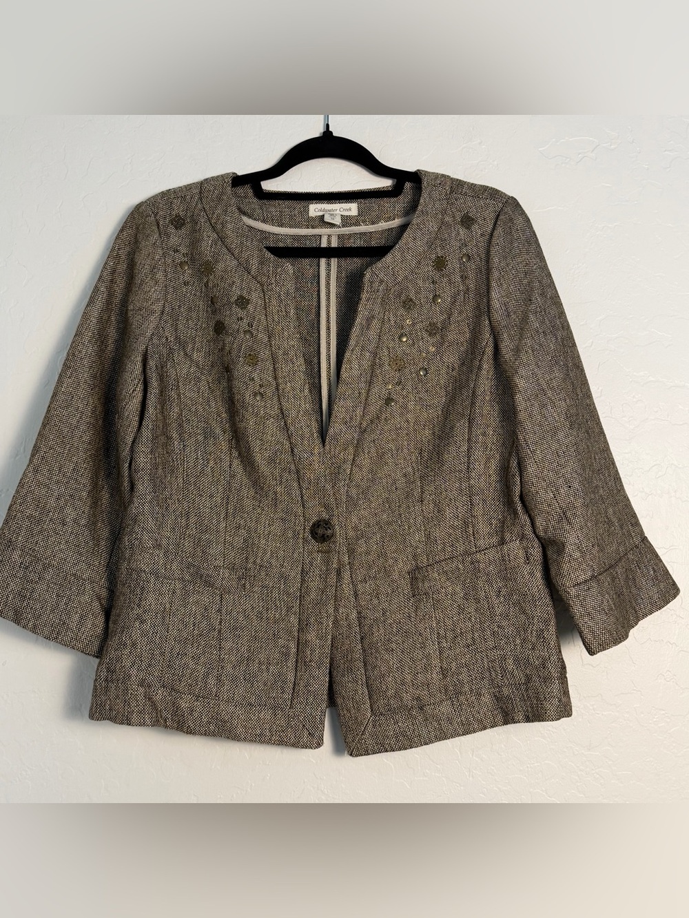 Coldwater Creek Women 10 Blazer Tweed Brown Single Button Embellished Collarless